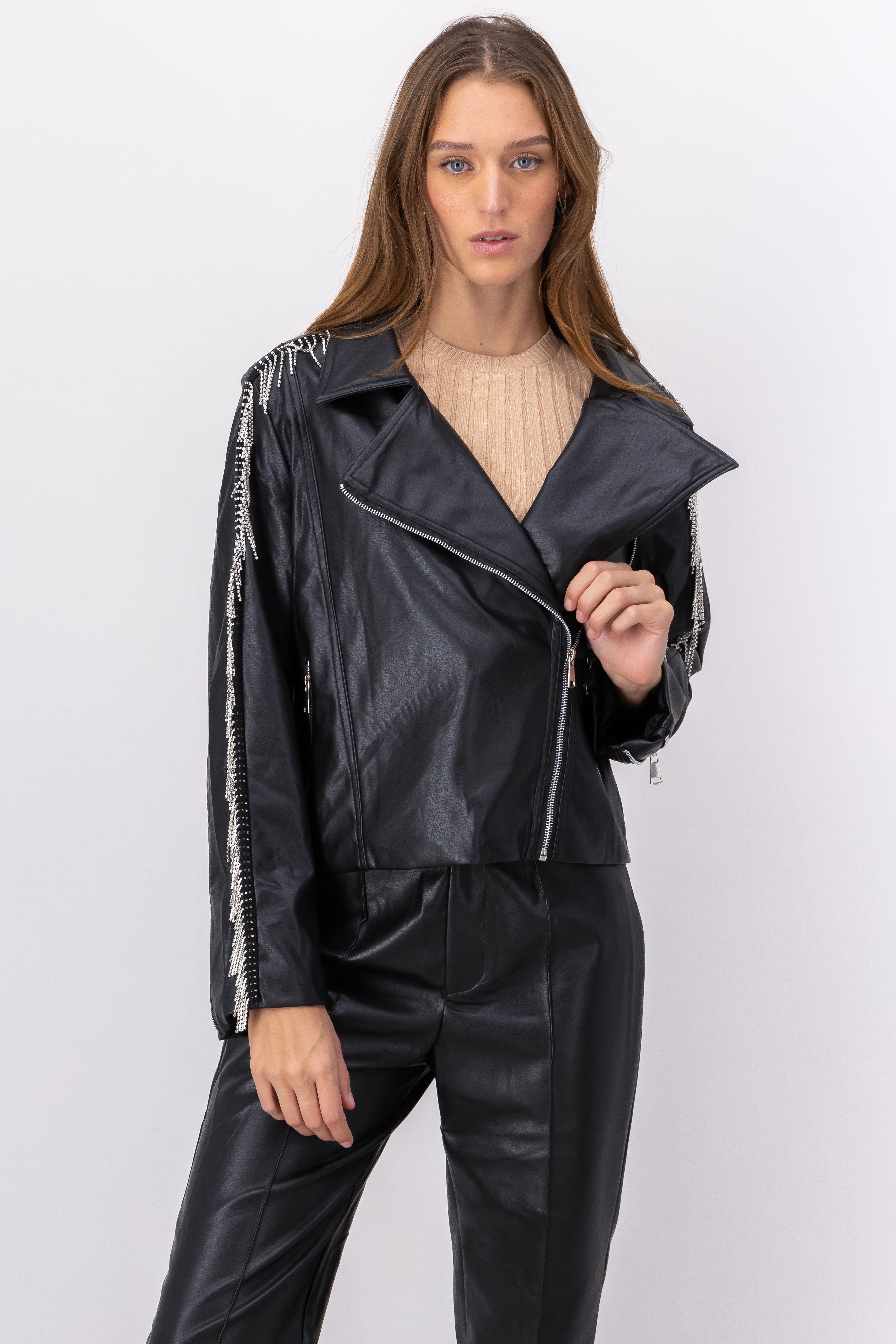 Chamarra biker flecos brillos mangas sold by Shasa