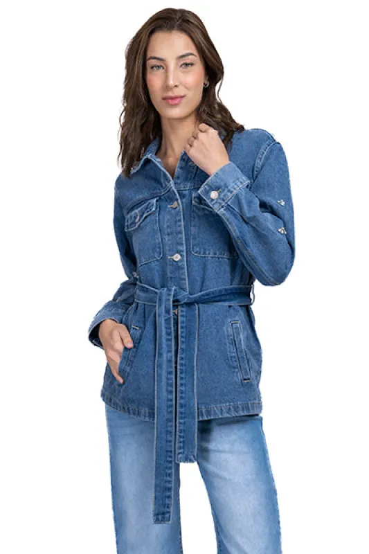 Chamarra denim cinturón brillos sold by Shasa