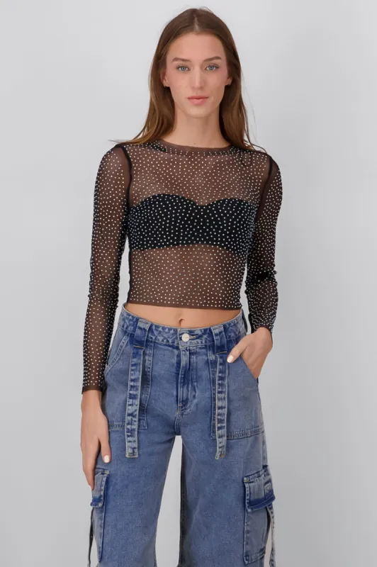 Blusa manga larga mesh brillos sold by Shasa