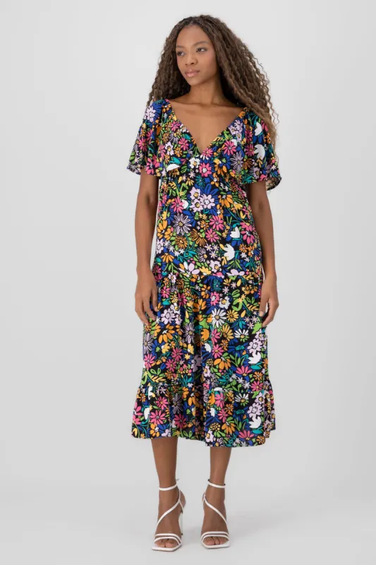Vestido maxi escote V estampado floral manga corta sold by Shasa
