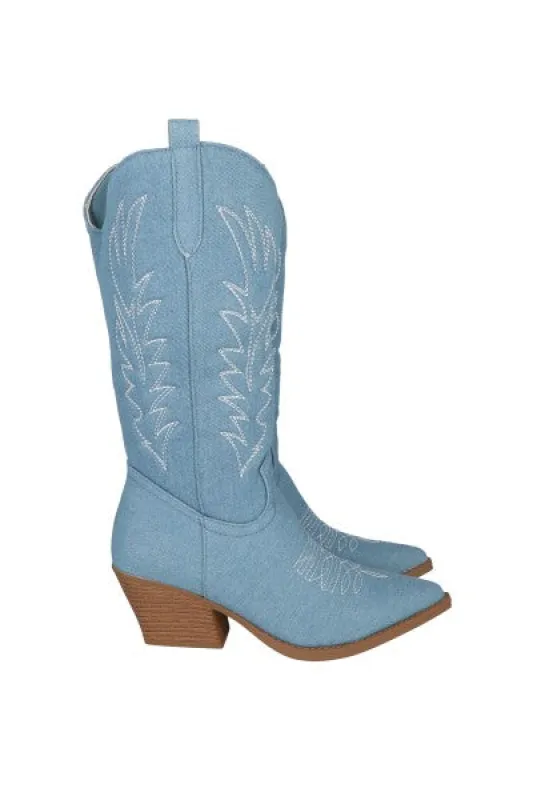 Bota larga vaquera denim sold by Shasa