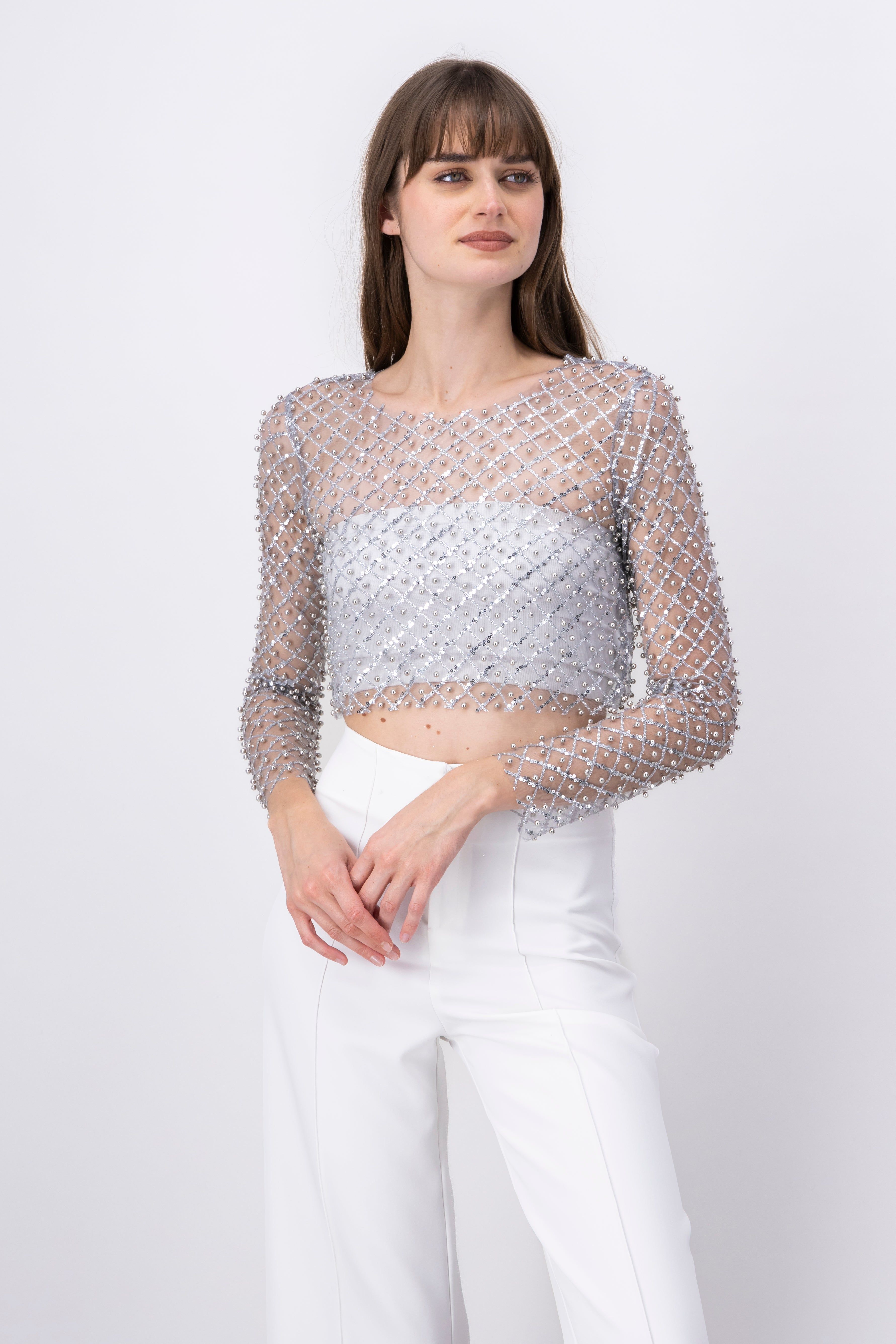 Top crop mesh perlas lentejuelas sold by Shasa