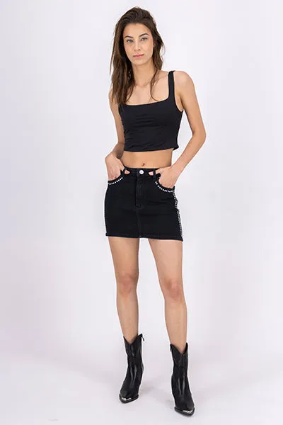 Falda denim studs laterales sold by Shasa