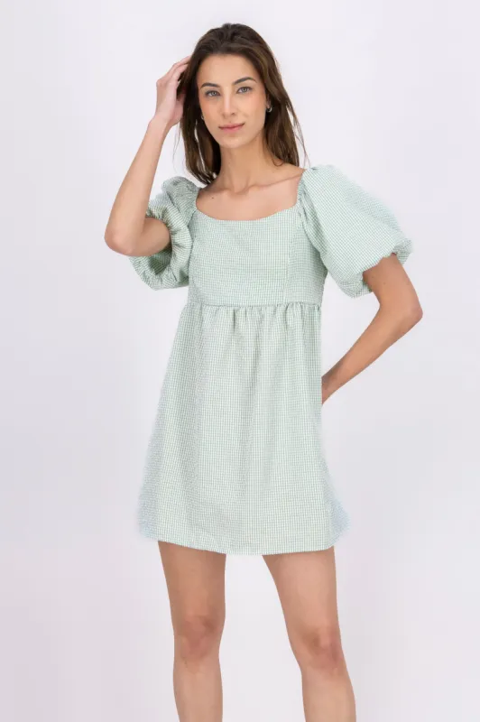 Vestido mini manga abullonada cuadros sold by Shasa