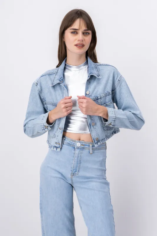Chamarra crop denim sold by Shasa