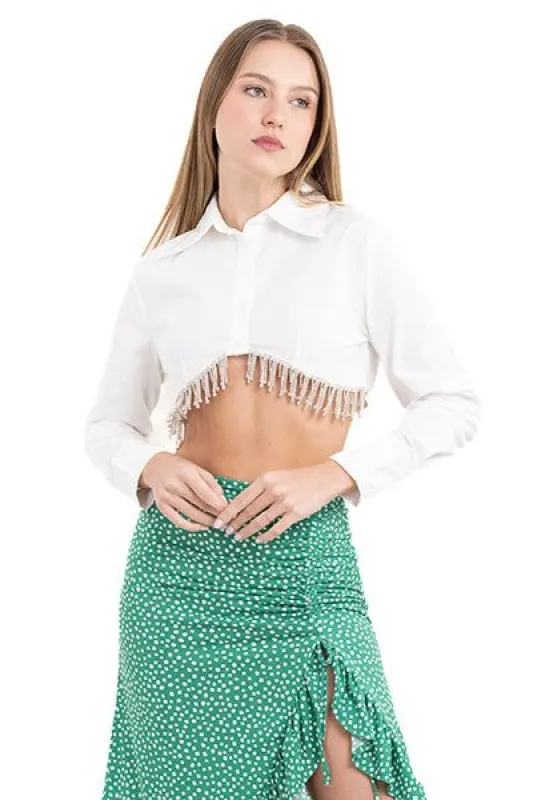 Camisa crop flequillo brillos sold by Shasa
