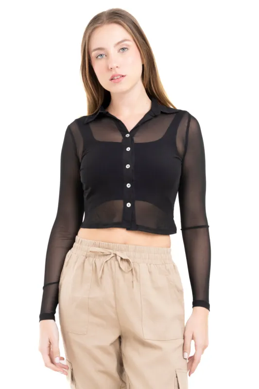 Camisa crop mesh cuello solapa sold by Shasa