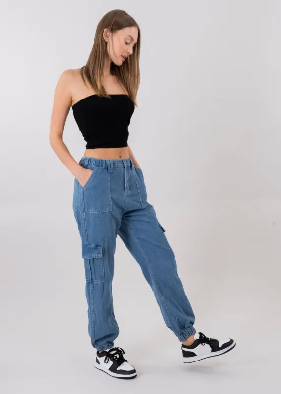 Jeans cargo cintura elástica sold by Shasa