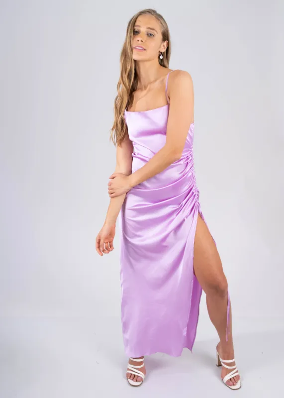 Vestido maxi satín fruncido jareta sold by Shasa