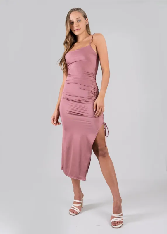Vestido maxi satín fruncido jareta sold by Shasa