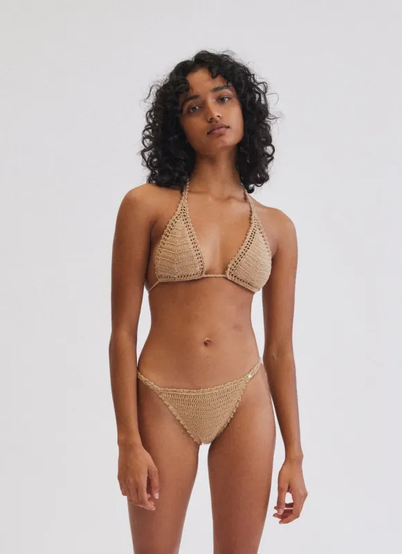 ESSENTIAL SLIDING HALTER BIKINI TOP SAND sold by SHE MADE ME
