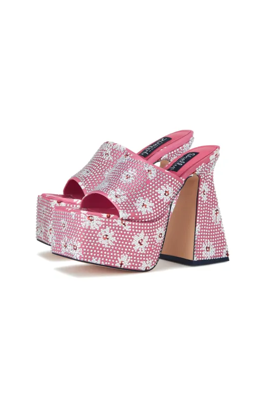 Brooke Pink Daisy Flower Diamante Platform Mule Heels sold by Shellys London
