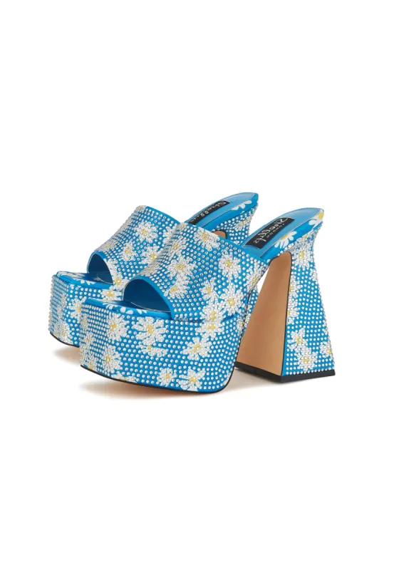 Brooke Blue Daisy Flower Diamante Platform Mule Heels sold by Shellys London