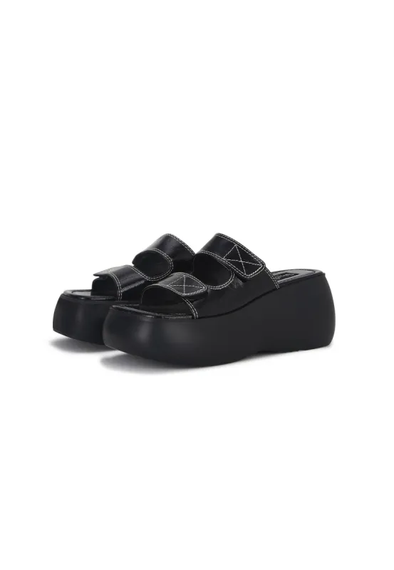 Lola Black Patent Double Strap Flatform Wedge Mule sold by Shellys London