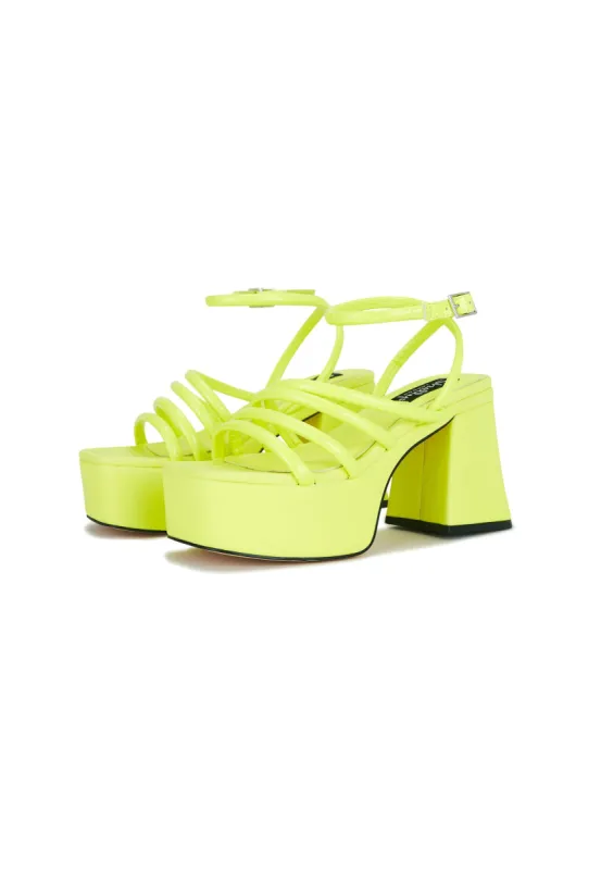 Regina Neon Yellow Strappy Platform Block Heels sold by Shellys London