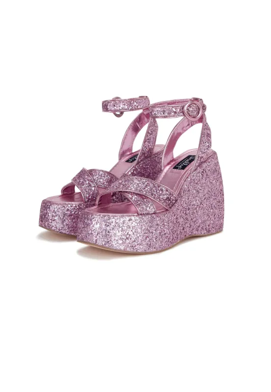 Queen Pink Glitter Platform Wedge Sandal made by Shellys London