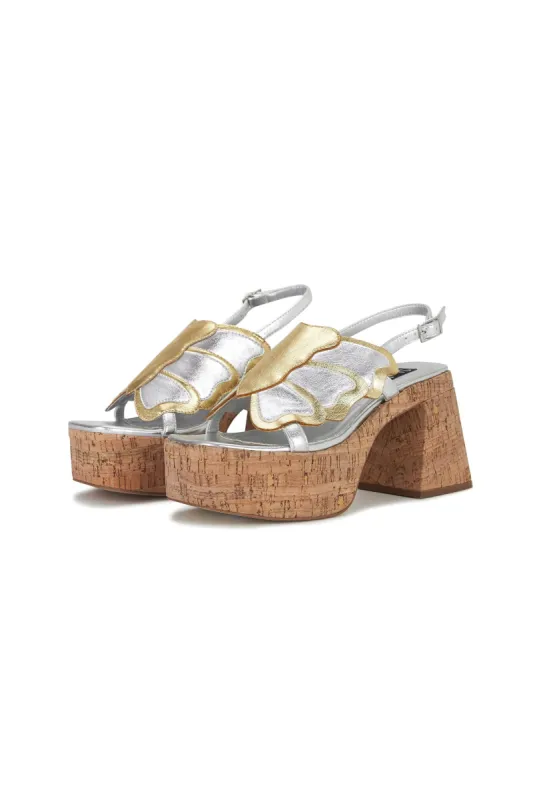 Drama Silver and Gold Metallic Butterfly Cork Platform Mid Block Heel Sandal sold by Shellys London