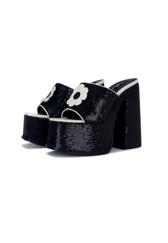 Eve Black Sequin Flower Platform Mule Heels made by Shellys London