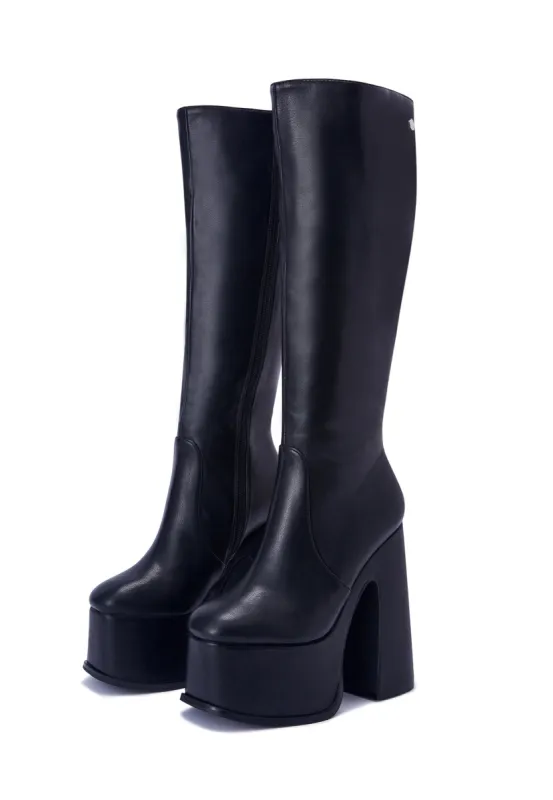 Corrs Black Platform Block Heel Knee High Boots sold by Shellys London