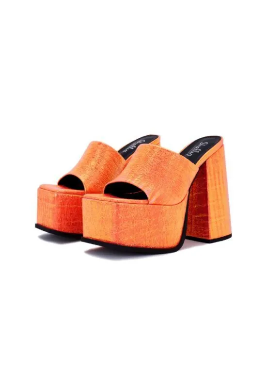 Sagittarius Orange Metallic Platform Heeled Mules sold by Shellys London
