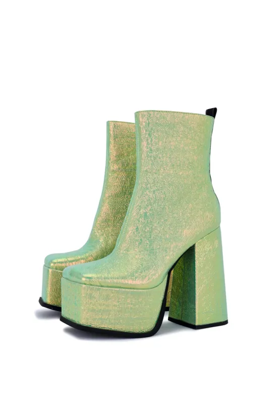 Scorpio Green Metallic Platform Heeled Ankle Boot made by Shellys London