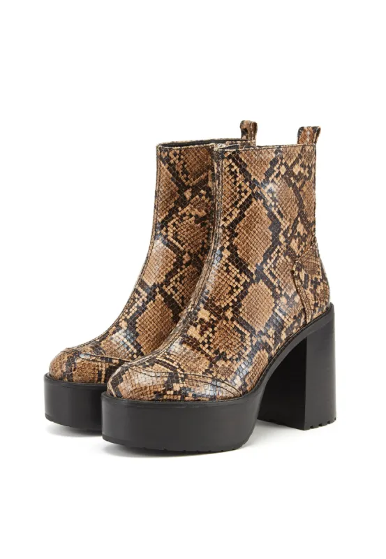 Creep Tan Snake Platform Block Heel Boot sold by Shellys London