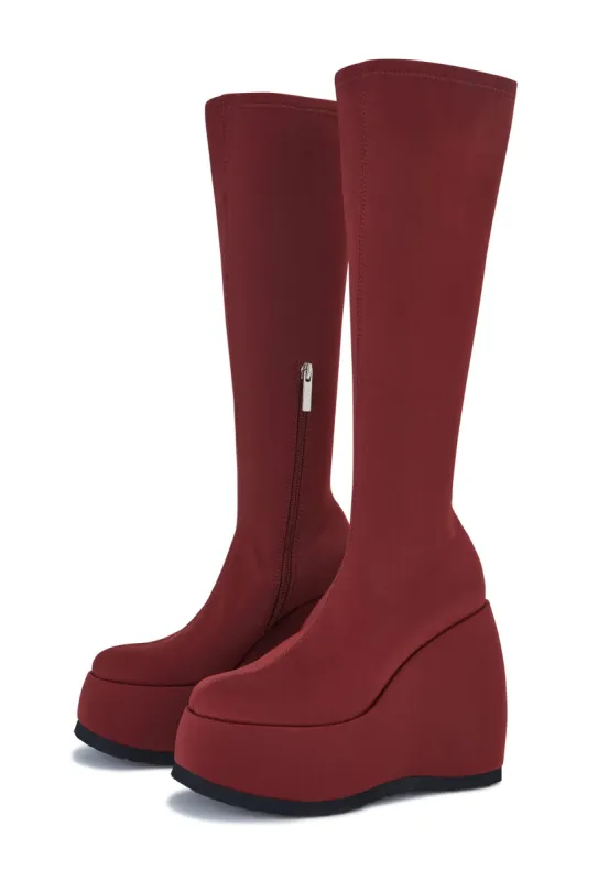 Roxy Burgundy Platform Wedge Knee High Boot made by Shellys London