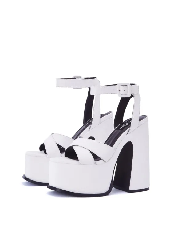 Natasha White Platform Cross Over Heeled Sandal sold by Shellys London