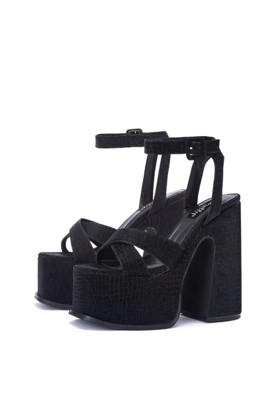 Natasha Black Croc Platform Cross Over Heeled Sandal sold by Shellys London