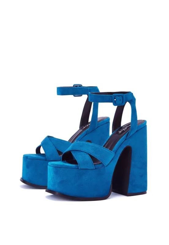 Natasha Blue Platform Cross Over Heeled Sandal sold by Shellys London