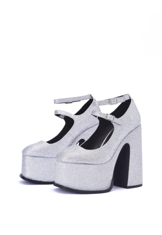 Natelle Silver Glitter Platform Mary Jane Heels sold by Shellys London
