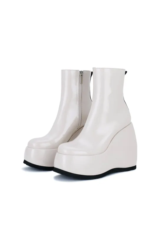 Roxanne Cream Patent Platform Wedge Ankle Boot made by Shellys London