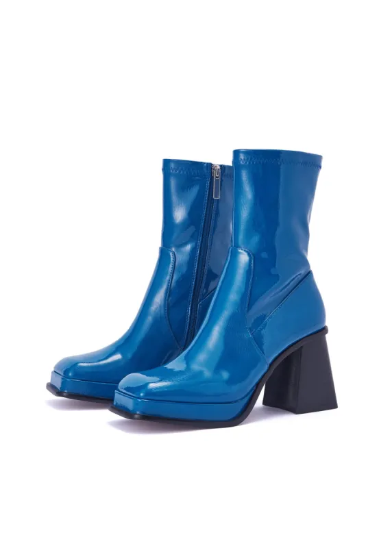 Jupiter Cobalt Blue Patent Block Heel Ankle Boot sold by Shellys London