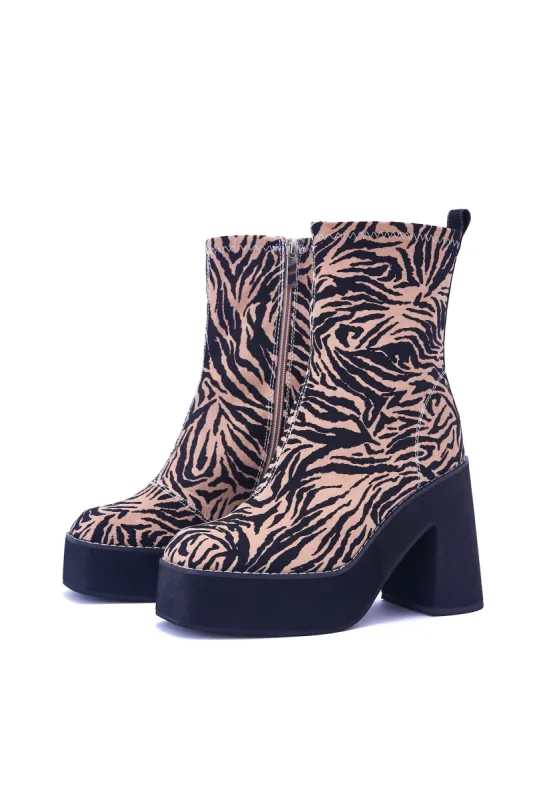 Jupe Tiger Print Platform Heeled Ankle Boot made by Shellys London