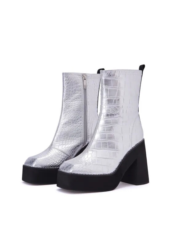 Jupe Silver Croc Platform Heeled Ankle Boot made by Shellys London