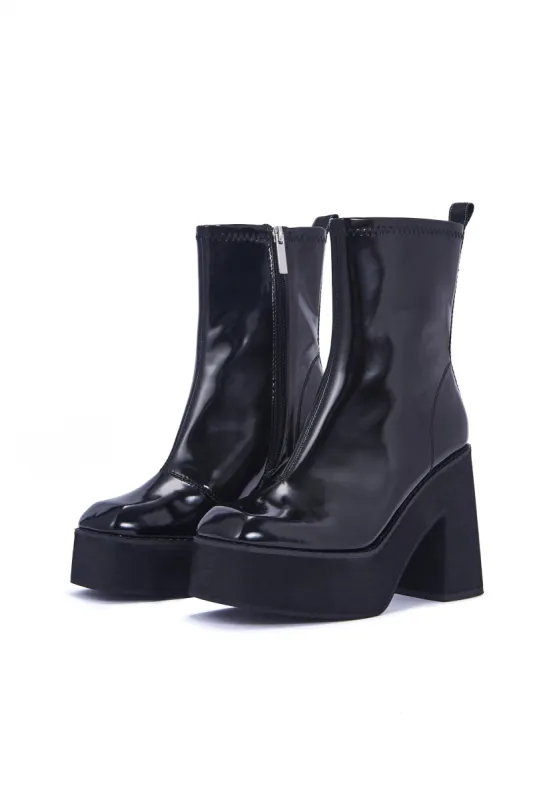 Jupe Black Patent Platform Heeled Ankle Boot sold by Shellys London