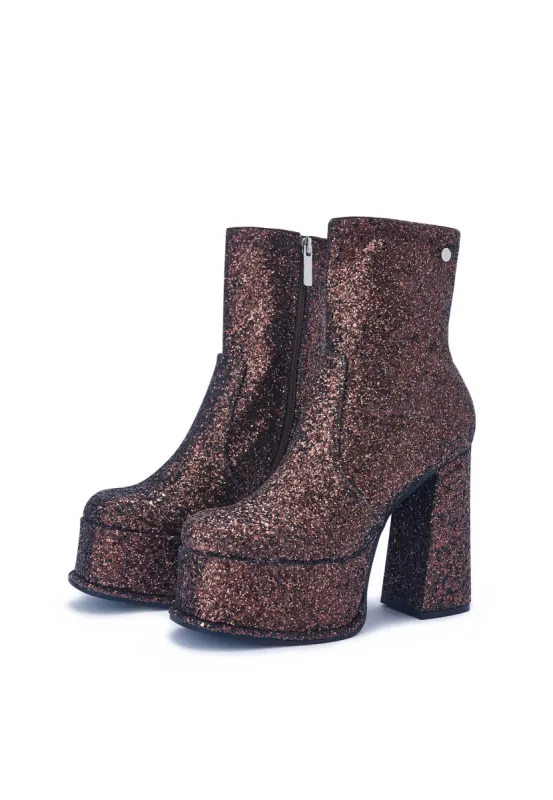 Edge Bronze Glitter Platform Block Heel Ankle Boot sold by Shellys London