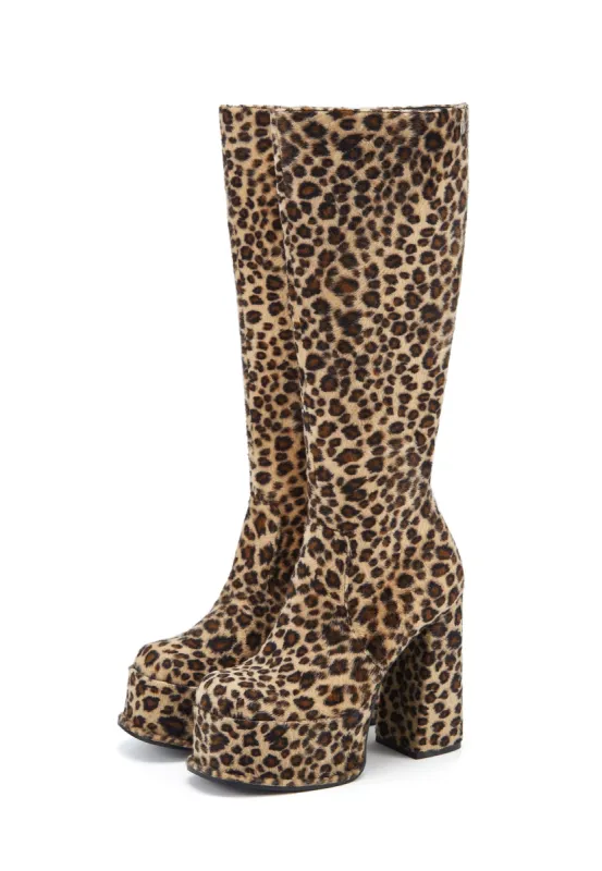 Kia Leopard Print Platform Knee High Boot sold by Shellys London