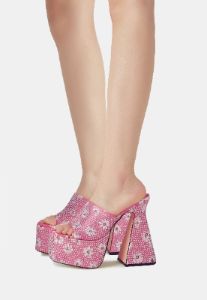 Brooke Pink Daisy Flower Diamante Platform Mule Heels sold by Shellys London