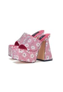 Brooke Pink Daisy Flower Diamante Platform Mule Heels sold by Shellys London