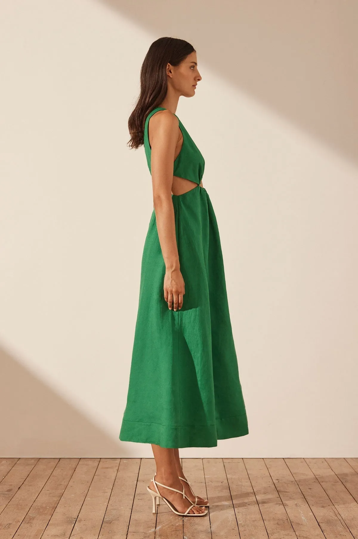 MARE LINEN V NECK CUT OUT MIDI DRESS - TREE GREEN sold by Shona Joy product image thumbnail 3