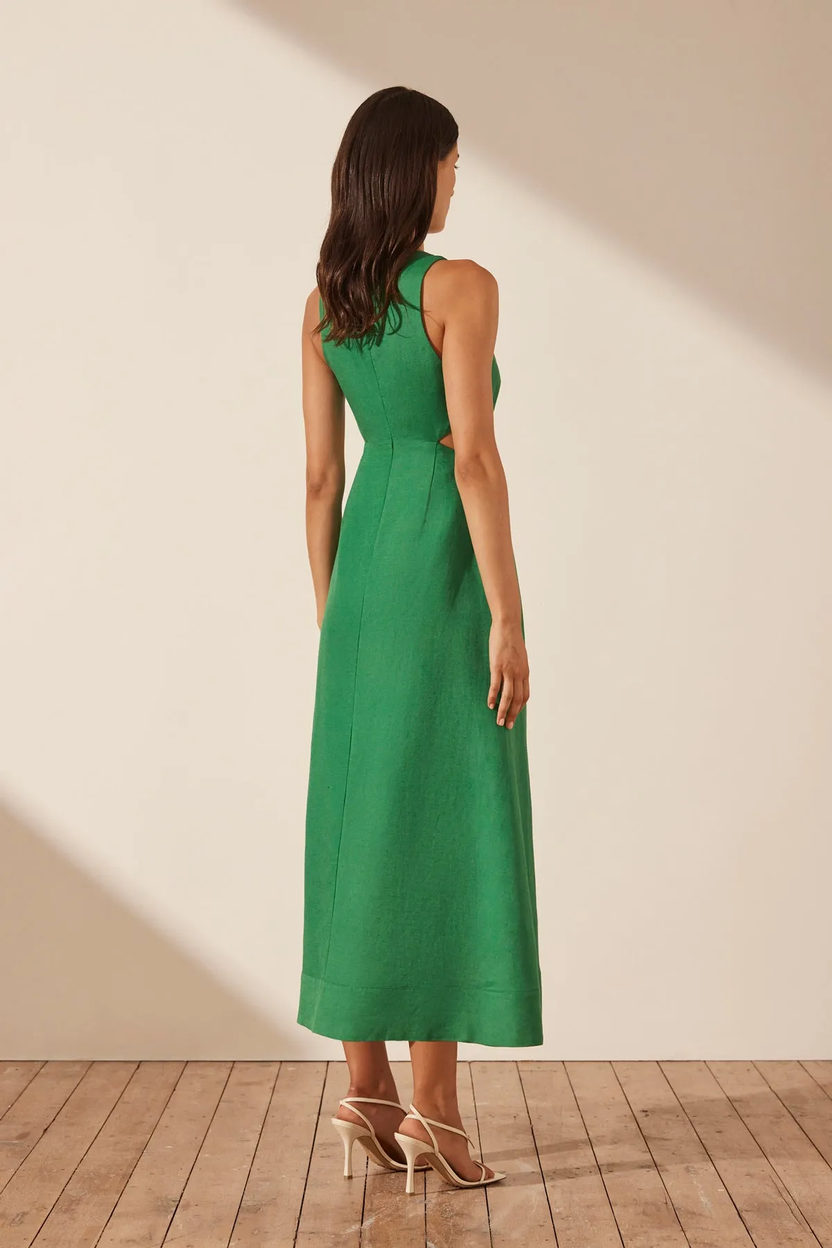 MARE LINEN V NECK CUT OUT MIDI DRESS - TREE GREEN sold by Shona Joy product image thumbnail 4