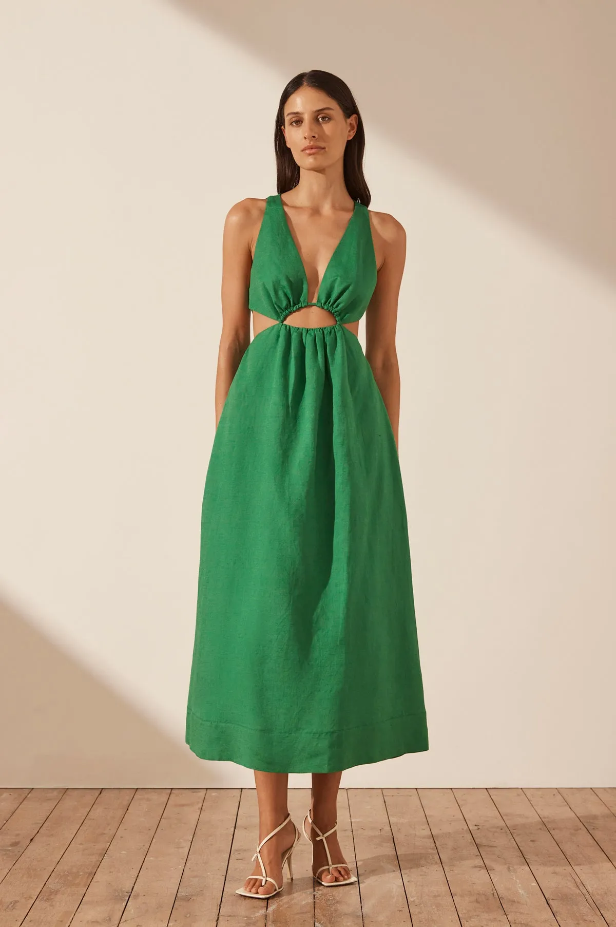 MARE LINEN V NECK CUT OUT MIDI DRESS - TREE GREEN sold by Shona Joy