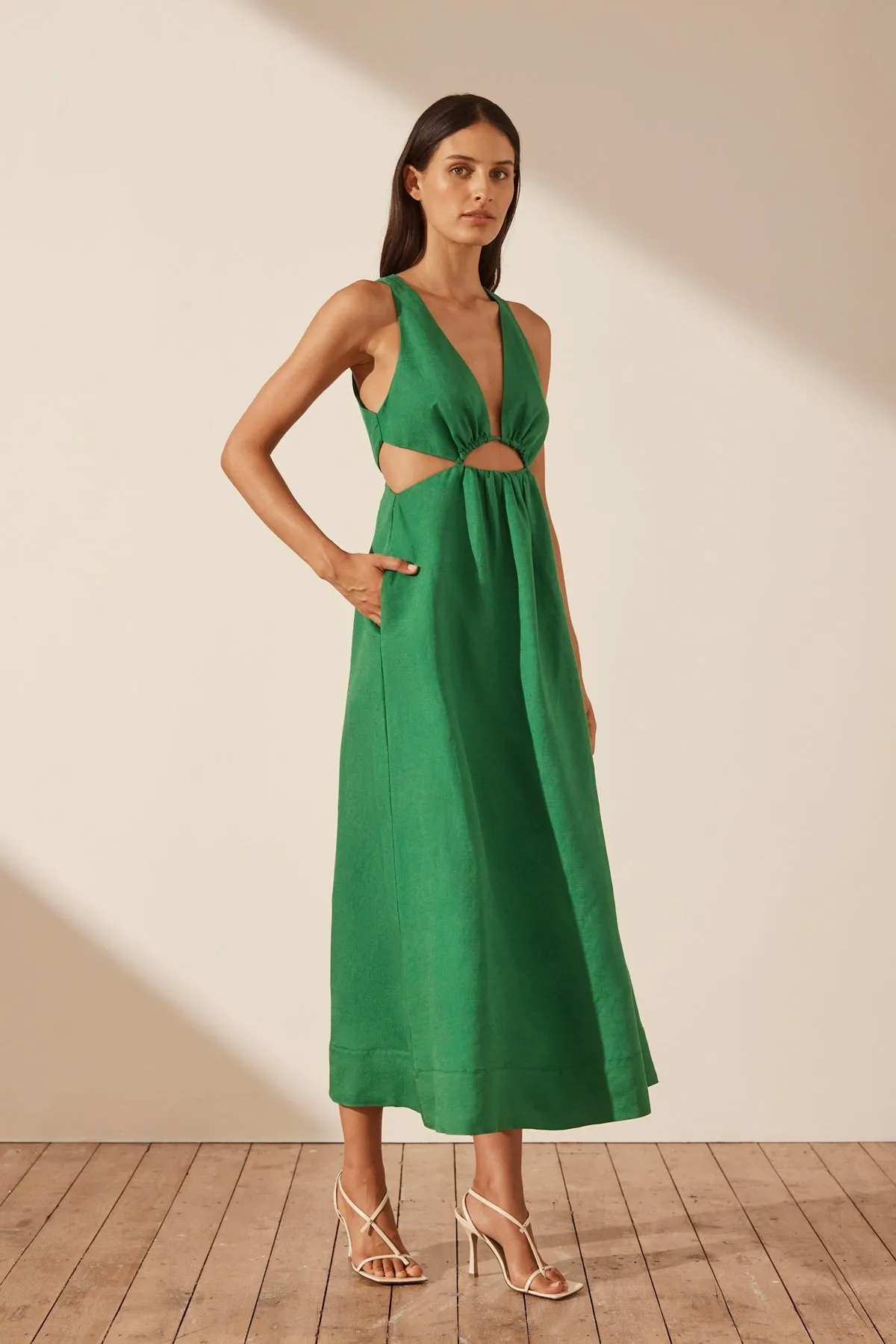 MARE LINEN V NECK CUT OUT MIDI DRESS - TREE GREEN sold by Shona Joy product image thumbnail 2