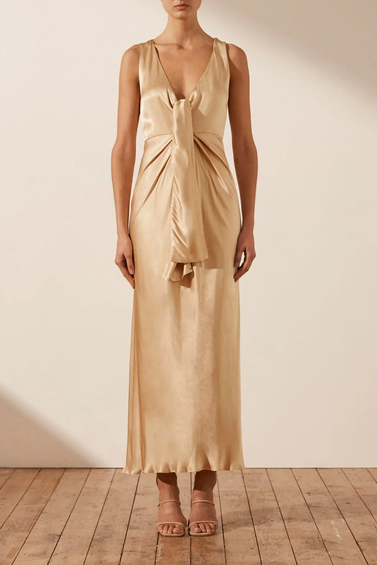 FELICITY SLEEVELESS PLUNGED TIE FRONT MIDI DRESS - PORCINI sold by Shona Joy