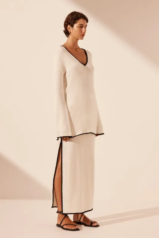 LENA PLUNGED LONG SLEEVE TOP - IVORY/BLACK sold by Shona Joy