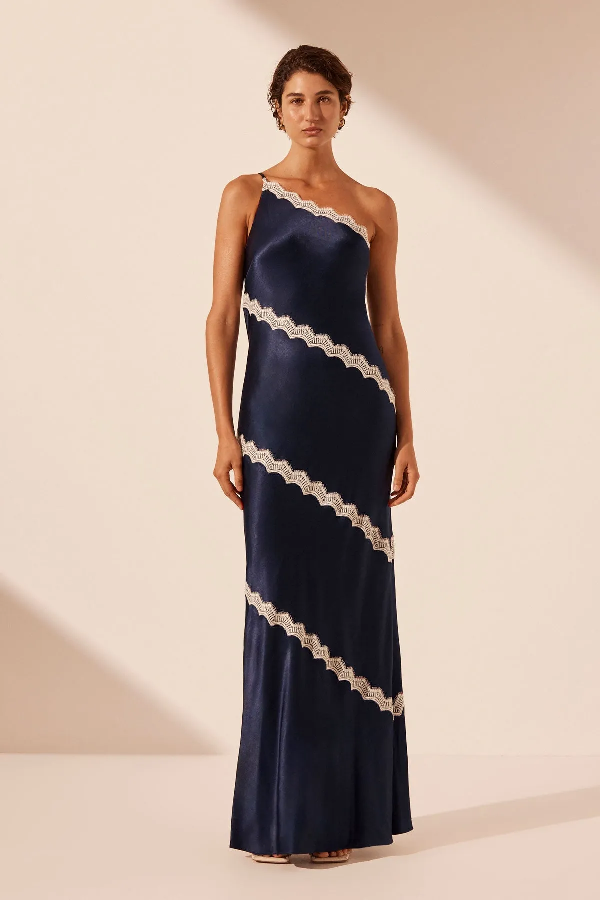 CAMILLE LACE ASYMMETRICAL MAXI DRESS - DEEP MIDNIGHT/IVORY sold by Shona Joy