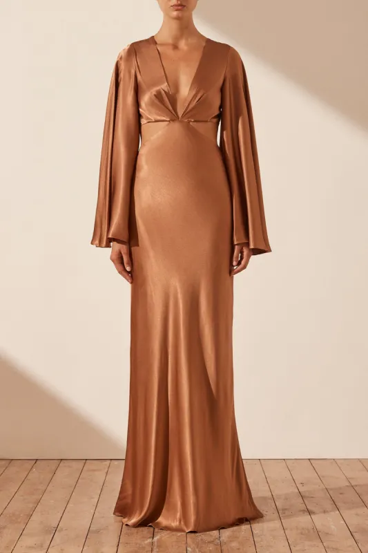 LA LUNE FLARED SLEEVE OPEN BACK MAXI DRESS - ALMOND sold by Shona Joy