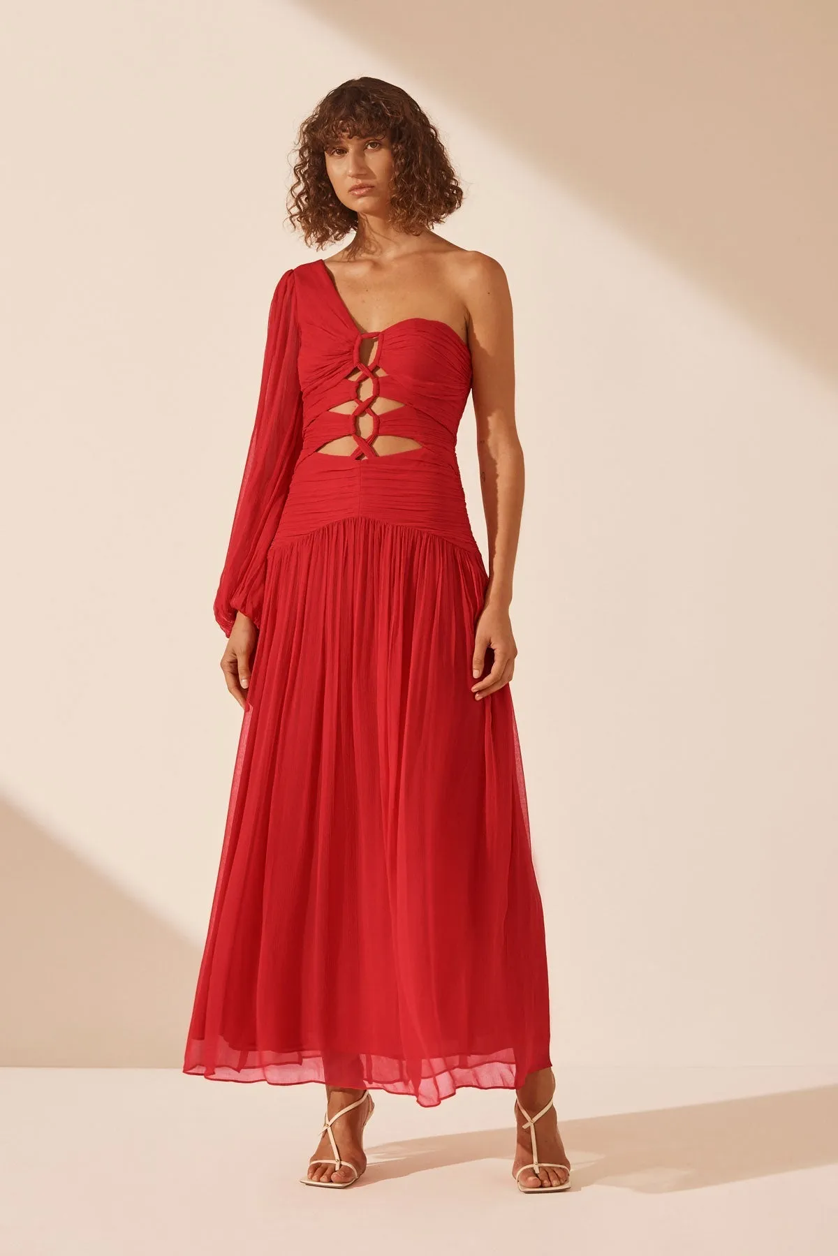 MARGOT LONG SLEEVE ONE SHOULDER LACE UP MAXI DRESS - SAILOR RED sold by Shona Joy