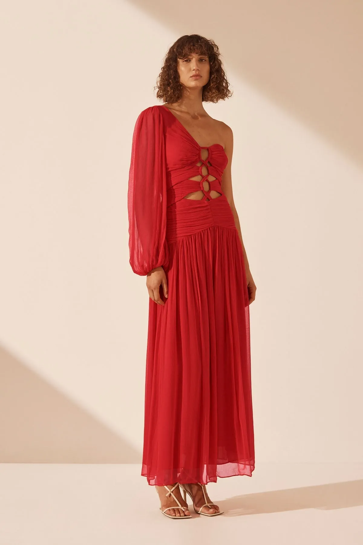 MARGOT LONG SLEEVE ONE SHOULDER LACE UP MAXI DRESS - SAILOR RED sold by Shona Joy product image thumbnail 2
